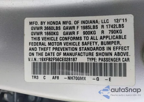 2012 Honda Civic Lx z USA, uszkodzony, nr VIN 19XFB2F56CE028187